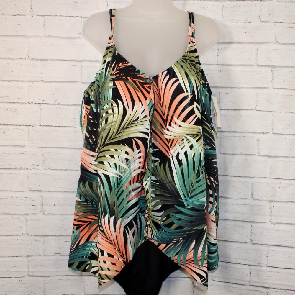 Swim Solutions Slimming Green Tropical Palm One Piece Swim Dress Plus Size 22W